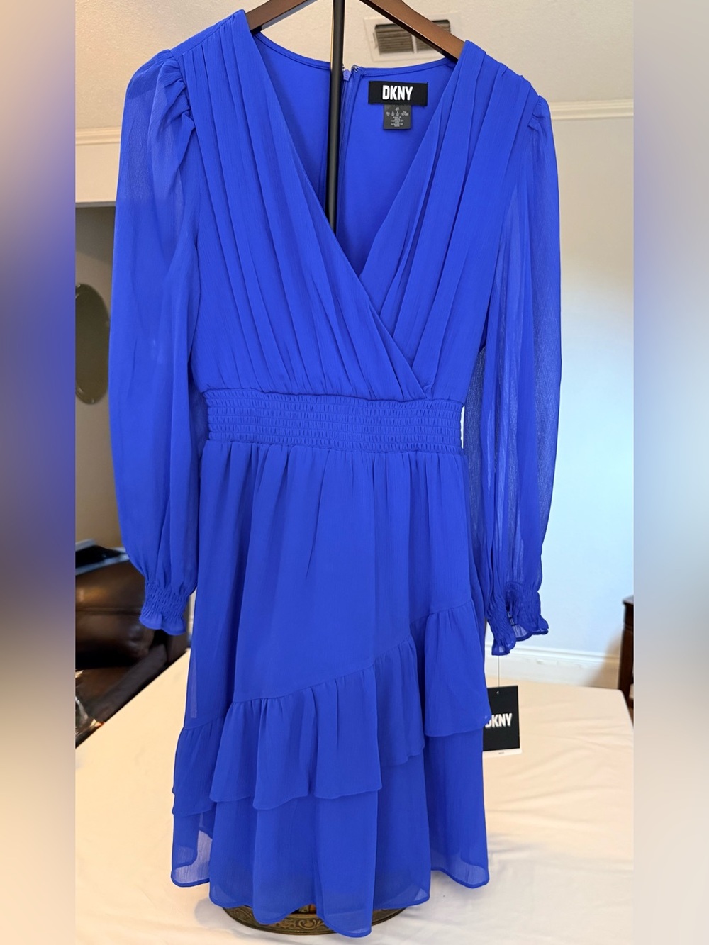 DKNY Cobalt Blue Long Sleeve Tiered Dress with Sheer Sleeves (OO8)